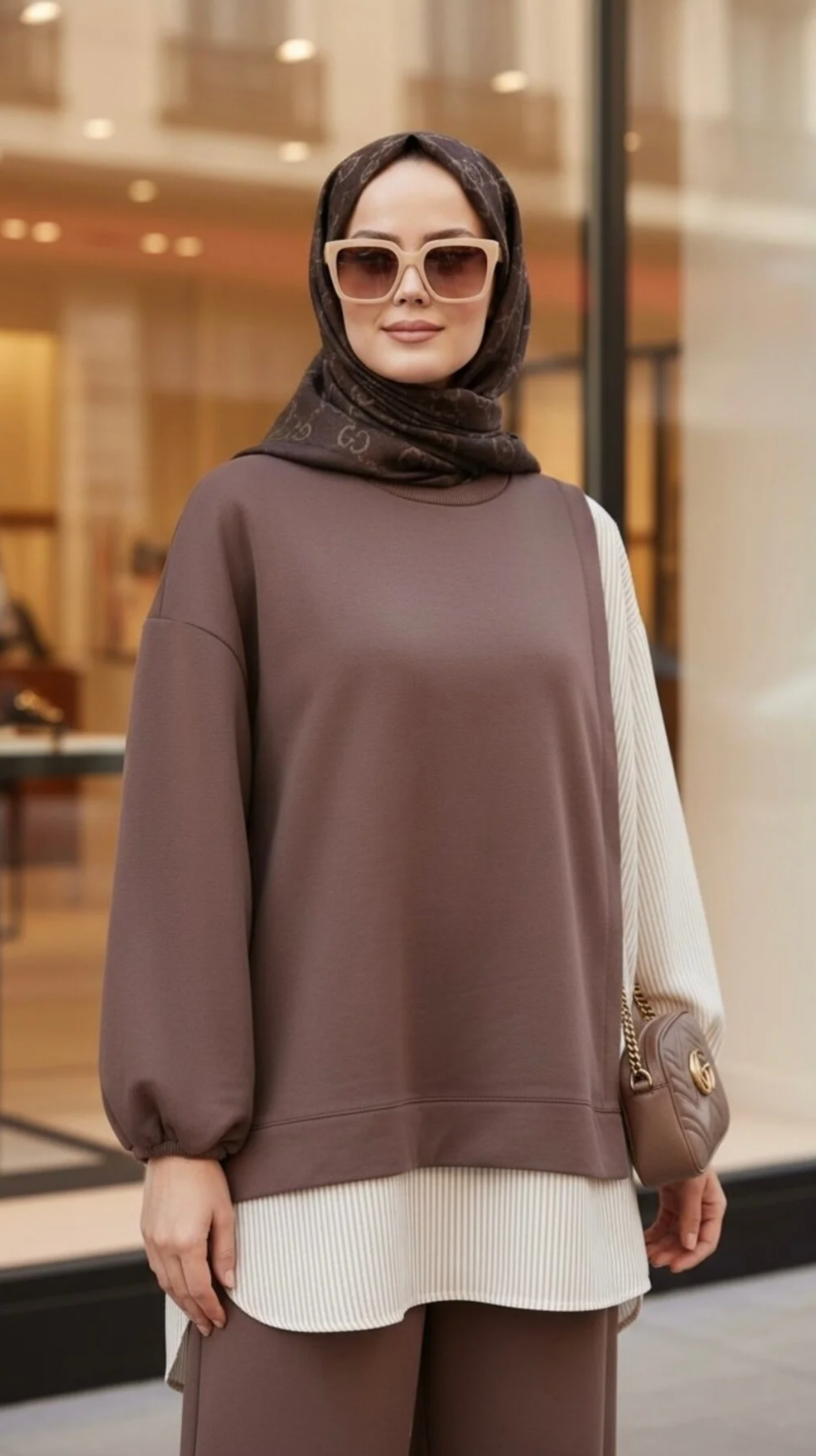 ASEL FASHİON طقم حجاب نسائي من خط ثنائي قميص بني