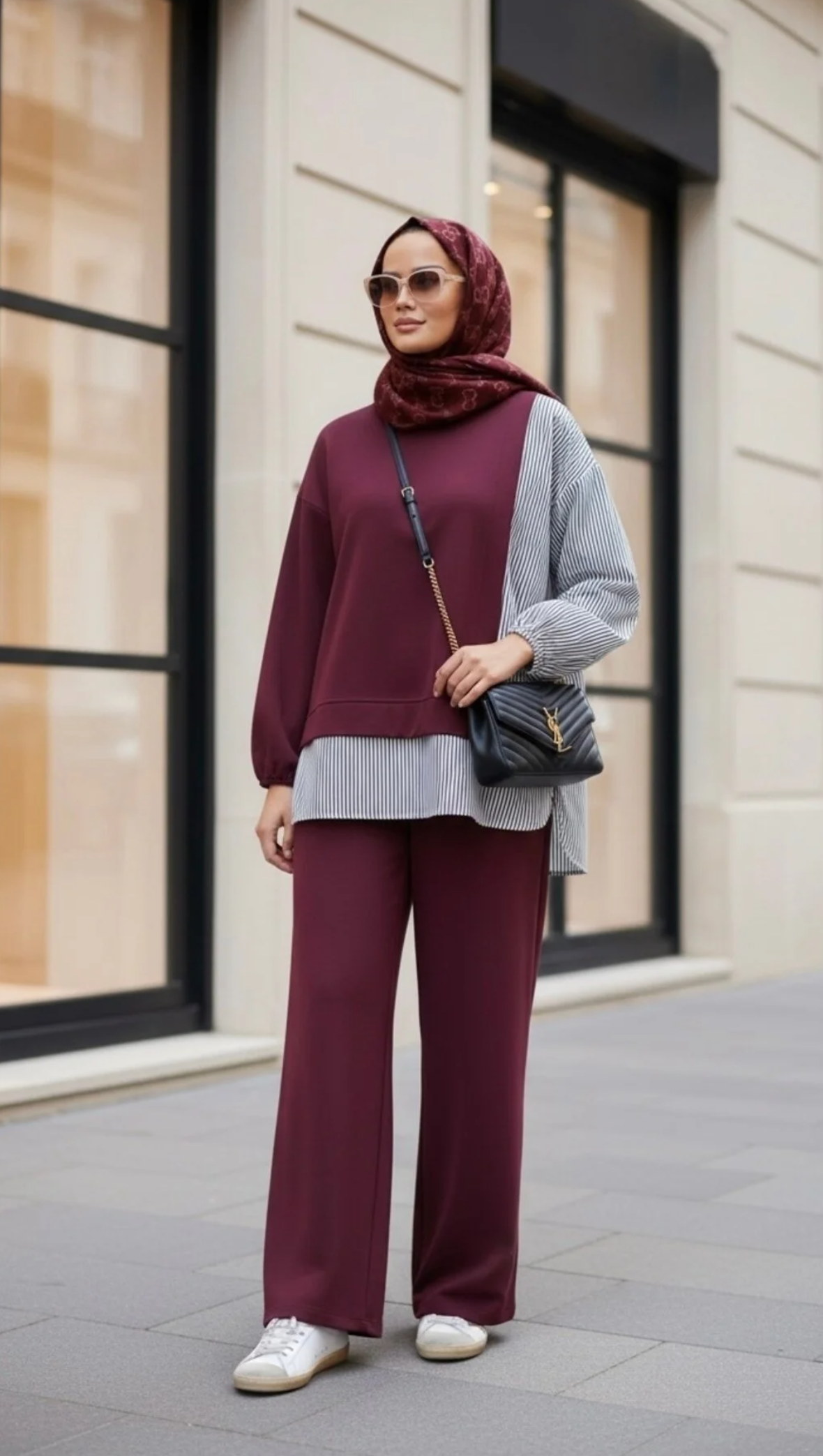 ASEL FASHİON طقم حجاب نسائي من خط ثنائي قميص بني