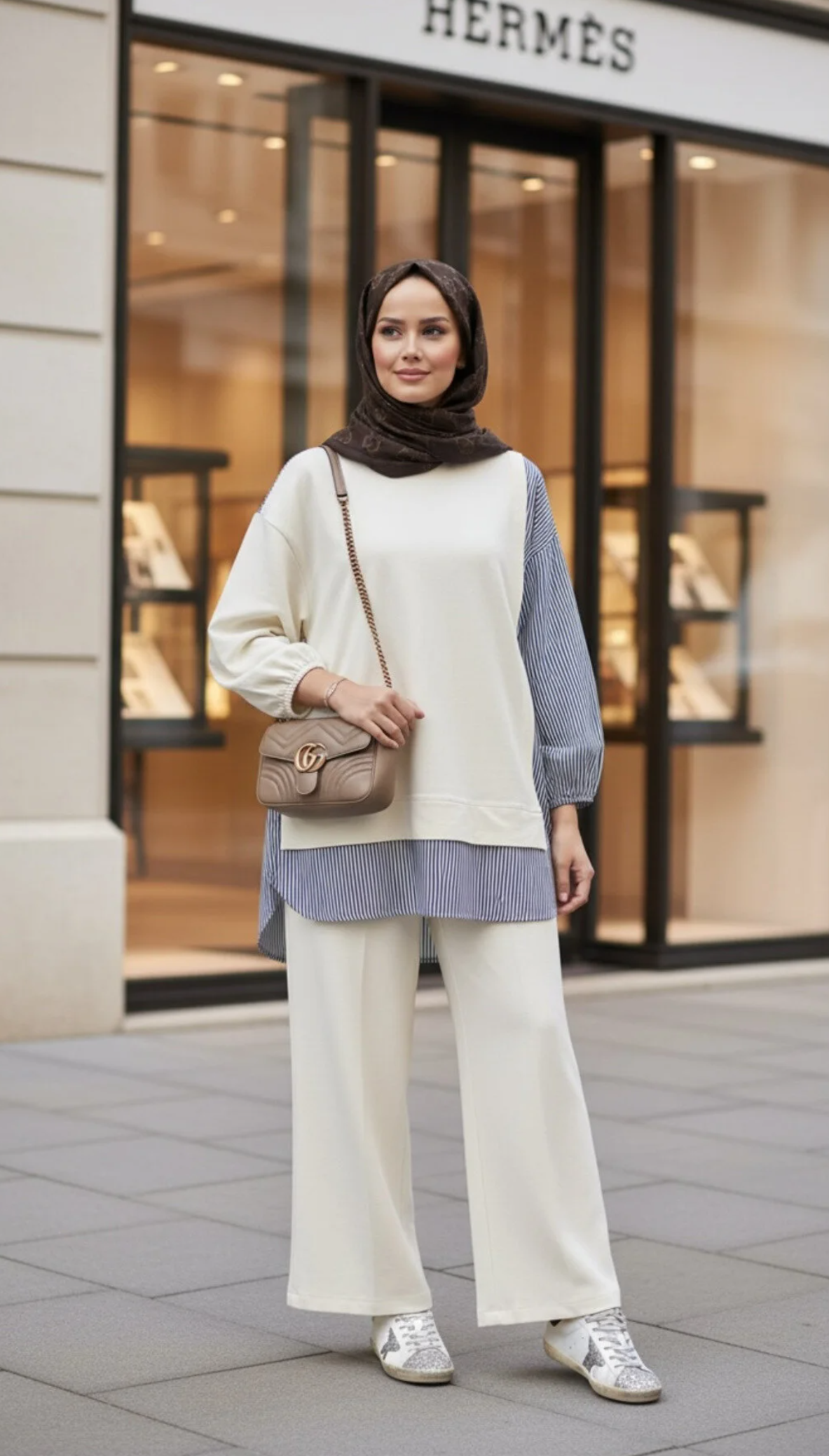 ASEL FASHİON طقم حجاب نسائي من خط ثنائي قميص بني