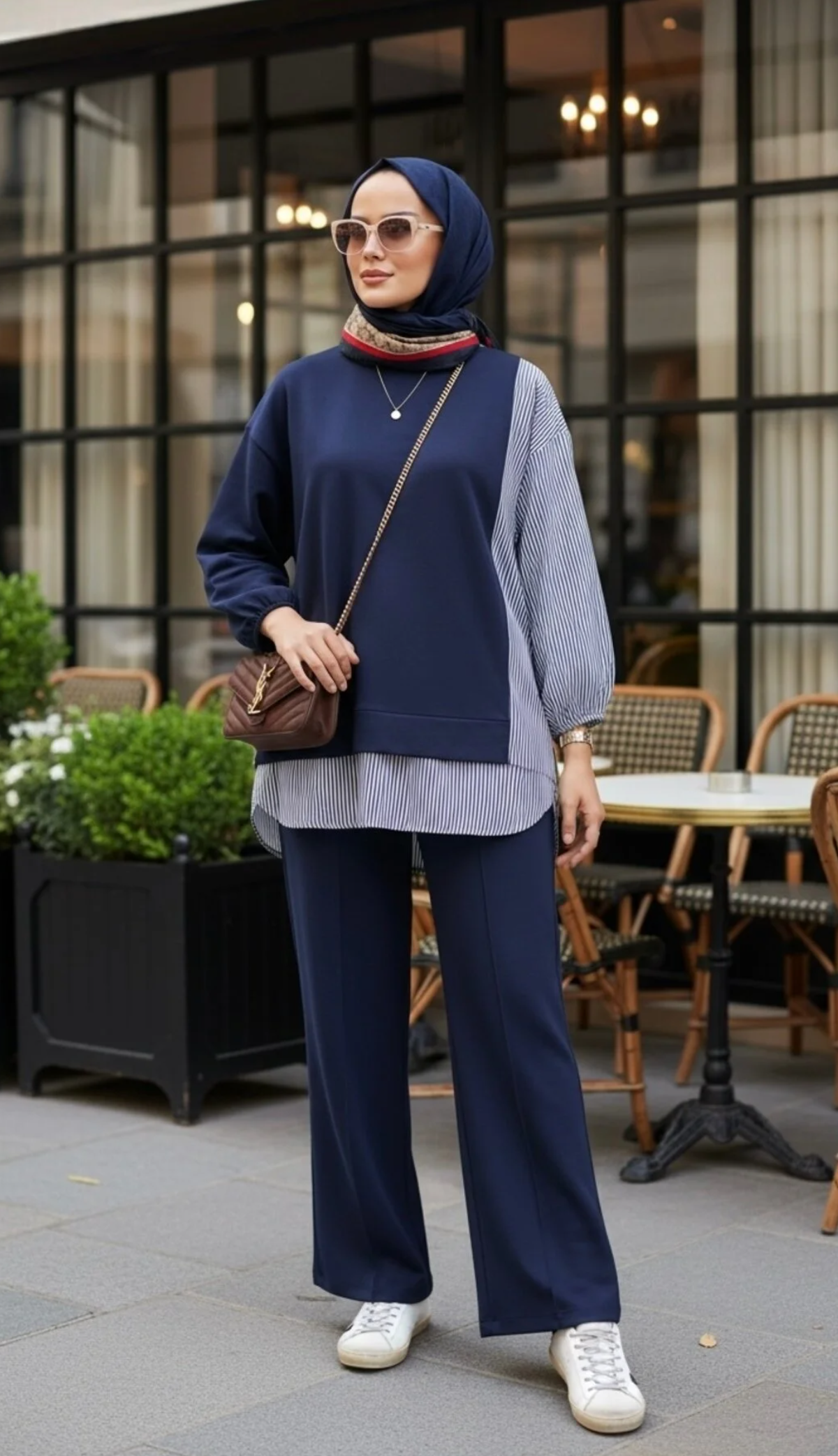 ASEL FASHİON طقم حجاب نسائي من خط ثنائي قميص بني