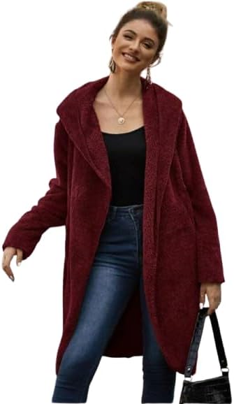 Solid Dual Pocket Open Front with Hood Teddy Coat / بالطو تيدي سادة بتصميم مفتوح من الأمام مع جيبين وغطاء للرأس