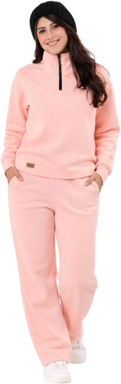 Women's Mom & Me Plain Tracksuit Set, Quarter Zip Pullover and Pants / طقم بدلة رياضية سادة للنساء من موم اند مي، بلوفر بسوستة قصيرة وبنطلون