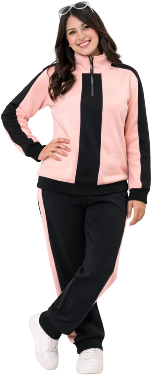 Women's Matchy Mom & Me Strip Tracksuit Set, Quarter Zip Pullover and Pants / طقم بدلة رياضية نسائية ماتشي موم اند مي ستريب بلوفر بسوستة ربع وبنطلون