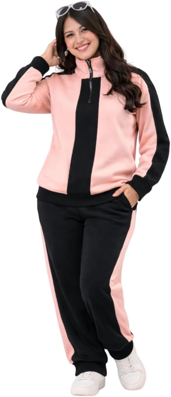 Women's Matchy Mom & Me Strip Tracksuit Set, Quarter Zip Pullover and Pants / طقم بدلة رياضية نسائية ماتشي موم اند مي ستريب بلوفر بسوستة ربع وبنطلون