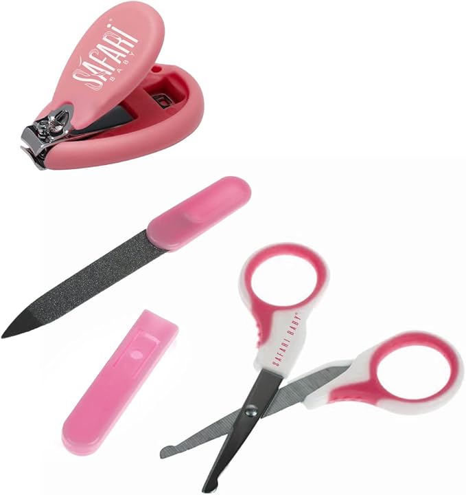 Safari baby nail care kit scissor, clippers and nail file pink 4 piece / مجموعة العناية باظافر الاطفال من سفاري مكونة مقص وقصافة ومبرد اظافر لون بينك 4 قطع، زهري، سافارى , عدد 1