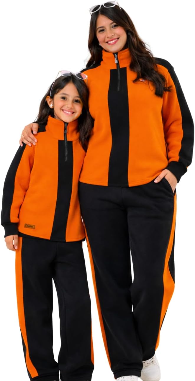 Women's Matchy Mom & Me Strip Tracksuit Set, Quarter Zip Pullover and Pants / طقم بدلة رياضية نسائية ماتشي موم اند مي ستريب بلوفر بسوستة ربع وبنطلون