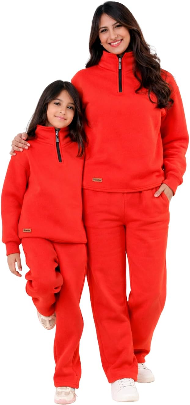 Women's Mom & Me Plain Tracksuit Set, Quarter Zip Pullover and Pants / طقم بدلة رياضية سادة للنساء من موم اند مي، بلوفر بسوستة قصيرة وبنطلون