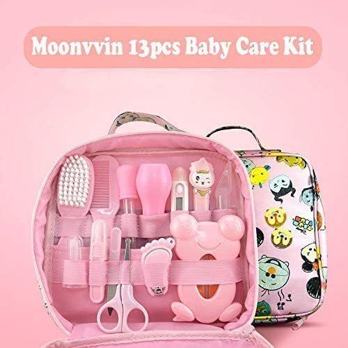 Newborn Grooming Home Use with Carry Bag (Pink) / مجموعة العناية بالطفل فن مومنت مكونة من 13 قطعة/مجموعة مستلزمات العناية الصحية الأساسية لحديثي الولادة للسفر والاستخدام المنزلي مع شنطة حمل من مونف-فين (وردي)