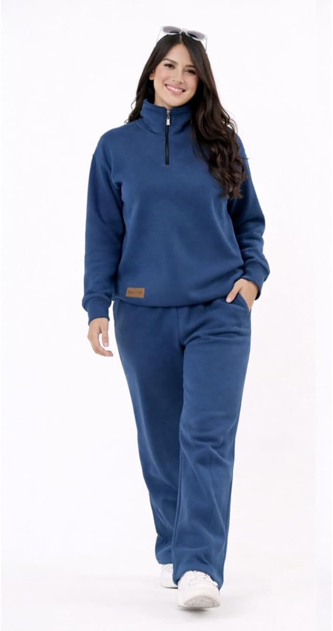 Women's Mom & Me Plain Tracksuit Set, Quarter Zip Pullover and Pants / طقم بدلة رياضية سادة للنساء من موم اند مي، بلوفر بسوستة قصيرة وبنطلون