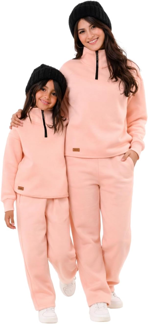 Women's Mom & Me Plain Tracksuit Set, Quarter Zip Pullover and Pants / طقم بدلة رياضية سادة للنساء من موم اند مي، بلوفر بسوستة قصيرة وبنطلون