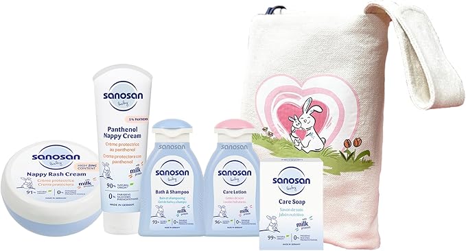 sanosan bundle 18 / حزمة 18 من سانوسان (محفظة تغيير دايبر + كريم بانثينول للحفاضات 100 مل + كريم طفح الحفاض 150 مل + جل استحمام وشامبو 100 مل + لوشن عناية 100 مل + صابون 100 جرام)