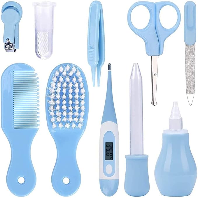 Bennort Baby Healthcare and Grooming Kit Care Keep Healthy and Clean -Infant Toddlers / مجموعة العناية الصحية والعناية بالأطفال 10 في 1 من بينورت فرشاة شعر للأطفال - قصافة أظافر - منظف الأنف - أسنان للإصبع - مقص متعدد الألوان