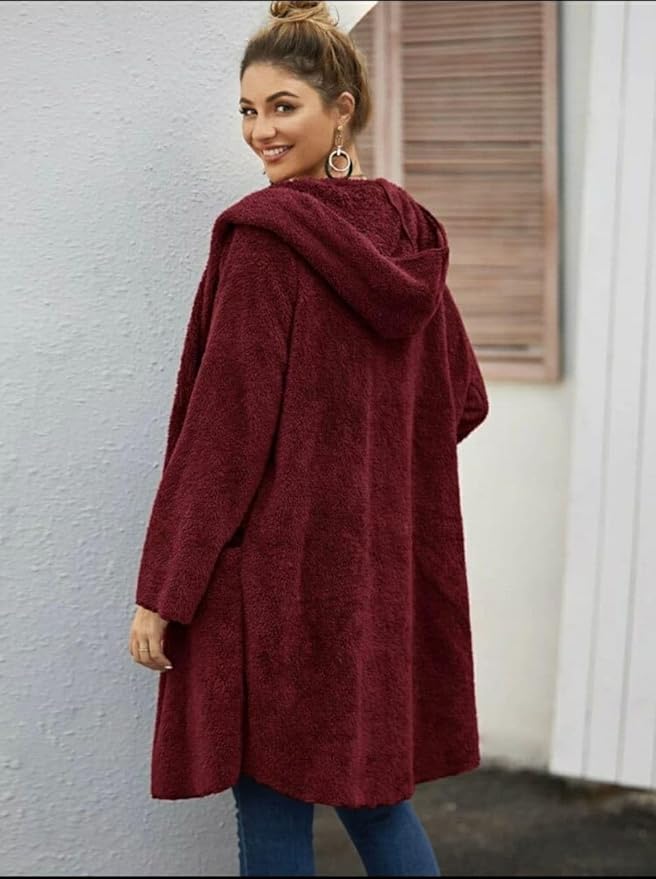 Solid Dual Pocket Open Front with Hood Teddy Coat / بالطو تيدي سادة بتصميم مفتوح من الأمام مع جيبين وغطاء للرأس