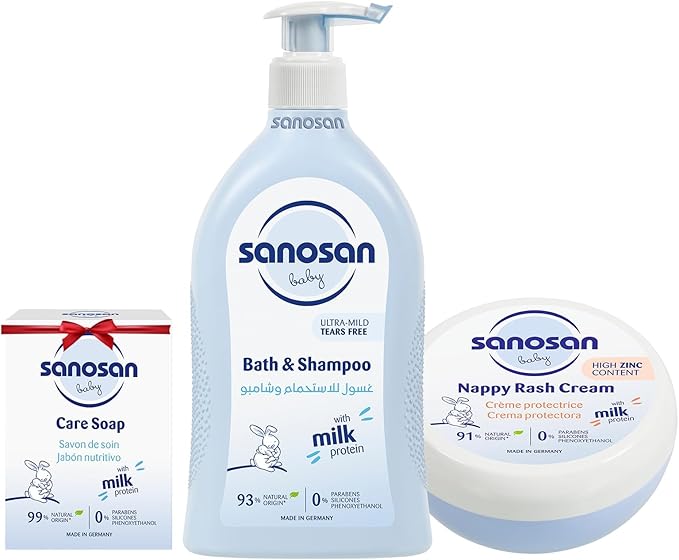 Sanosan Nappy Rash Cream 150 ml + Sanosan Baby Bath & Shampoo 500 ml + Soap Free / كريم لطفح الحفاض من سانوسان 150 مل + شامبو استحمام للاطفال من سانوسان 500 مل