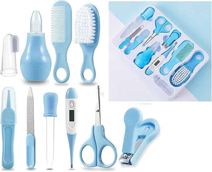 Bennort Baby Healthcare and Grooming Kit Care Keep Healthy and Clean -Infant Toddlers / مجموعة العناية الصحية والعناية بالأطفال 10 في 1 من بينورت فرشاة شعر للأطفال - قصافة أظافر - منظف الأنف - أسنان للإصبع - مقص متعدد الألوان