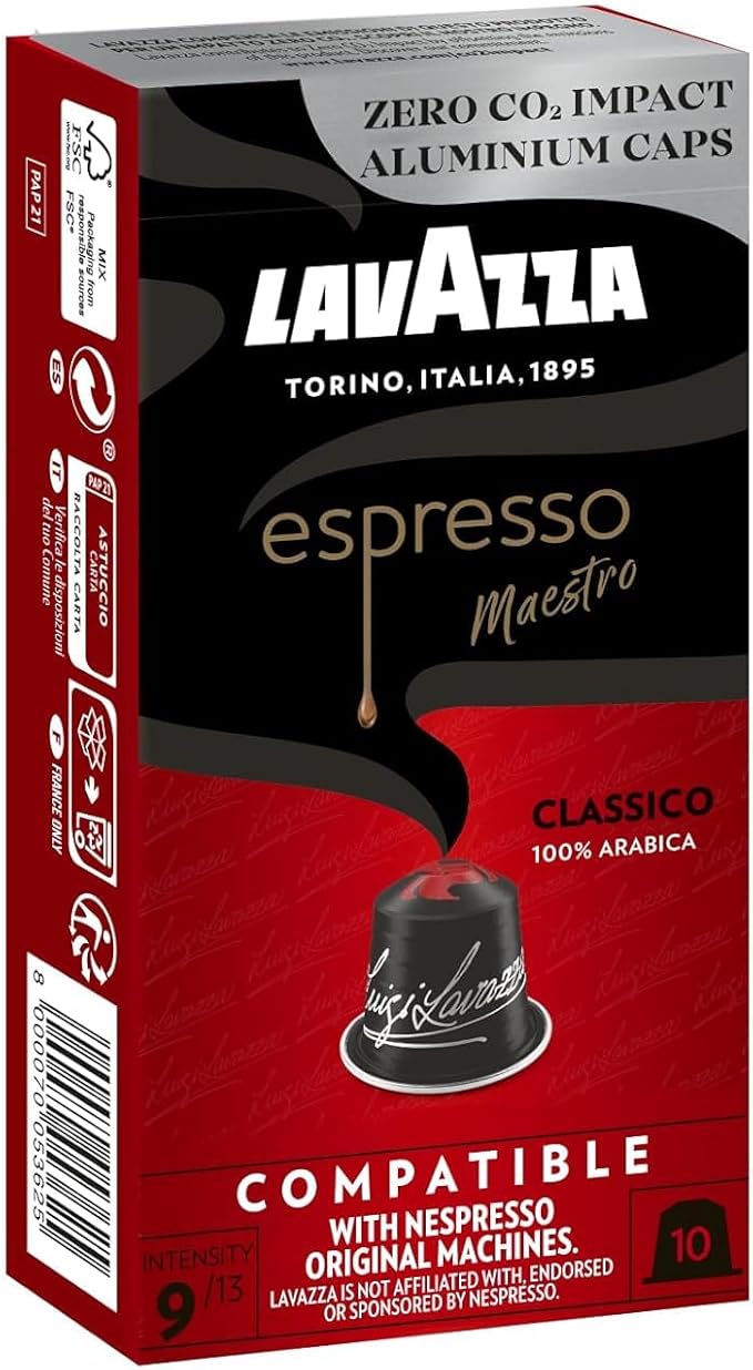كبسولات الومنيوم اسبريسو مايسترو كلاسيكو 100% ارابيكا من لافازا، كثافة 9، متوسطة التحميص متوافقة مع ماكينات نسبريسو، خالية من ثاني اكسيد الكربون، عبوة واحدة من 10 كبسولات