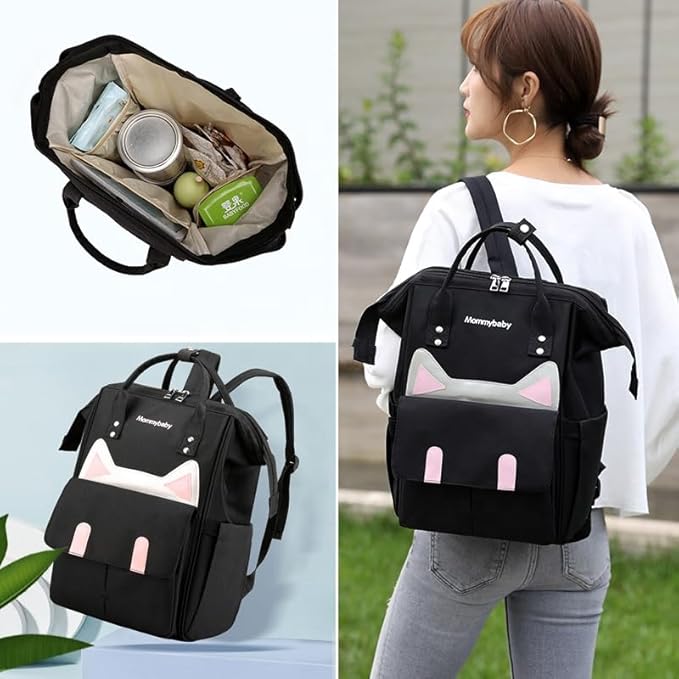 WAYFARE Luxury Diaper Backpack –  / شنطة ظهر للحفاضات، شنطة أطفال مقاومة للماء بتصميم أذن قطة، شنطة ظهر للسفر بسعة كبيرة للأمهات والآباء، منظم متعدد الوظائف للأساسيات من وايفير