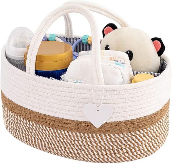 Rustic Brown Diaper Caddy Organizer, / منظم حفاضات من 3 أقسام من الحبال القطنية لمستلزمات الأطفال، لحديثي الولادة وعمر الحضانة من اندهووم، بني ريفي