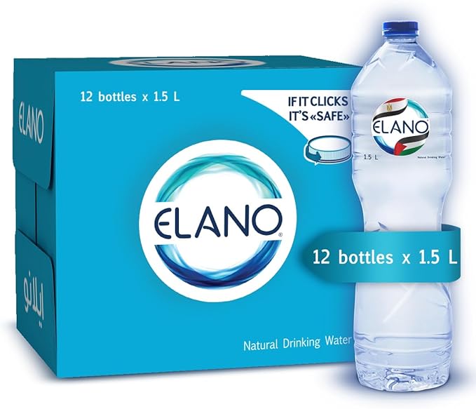Elano water bottle, 12 pieces - 1.50 liter Package design may vary / زجاجة مياه من ايلانو، 12 قطعة - 1.50 لتر، قد يختلف تصميم العبوة
