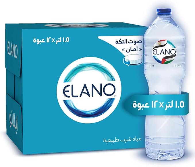Elano water bottle, 12 pieces - 1.50 liter Package design may vary / زجاجة مياه من ايلانو، 12 قطعة - 1.50 لتر، قد يختلف تصميم العبوة