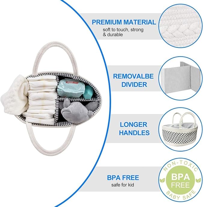 Uand Home Diaper Caddy Organizer - Cotton Rope Basket for Nursery Storage, Changing Table Bin (Brown) / سلة تنظيم حفاضات منزلية مصنوعة من الحبال القطنية لتخزين حفاضات ومناديل ومستلزمات الأطفال من يو اند هوم - (لون بني)