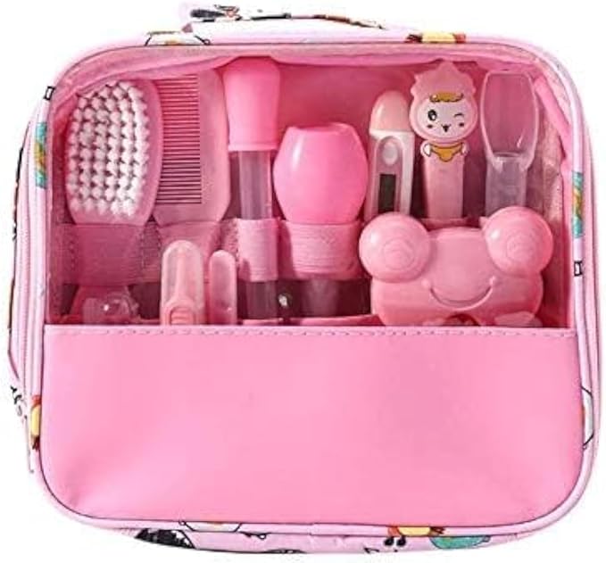 Newborn Grooming Home Use with Carry Bag (Pink) / مجموعة العناية بالطفل فن مومنت مكونة من 13 قطعة/مجموعة مستلزمات العناية الصحية الأساسية لحديثي الولادة للسفر والاستخدام المنزلي مع شنطة حمل من مونف-فين (وردي)