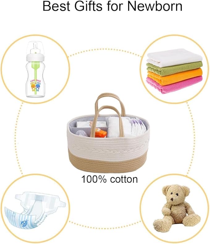 Uand Home Diaper Caddy Organizer - Cotton Rope Basket for Nursery Storage, Changing Table Bin (Brown) / سلة تنظيم حفاضات منزلية مصنوعة من الحبال القطنية لتخزين حفاضات ومناديل ومستلزمات الأطفال من يو اند هوم - (لون بني)