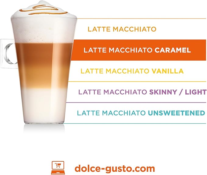 Nescafe Dolce Gusto Caramel Latte Macchiato Coffee Capsules - 16 Capsules, 8 Cups / قهوة من نسكافيه دولتشي جوستو بالكابسول في علبة لماكينة تحضير القهوة بتحميص خفيف، كارميل لاتيه ماكياتو، 16 كبسولة