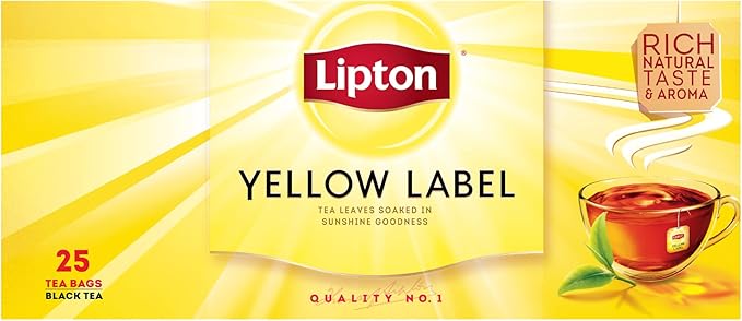 Lipton Yellow Label Black Tea with sun dried tea leaves, Classic, for a Rich Natural Taste, 25 Tea Bags / أكياس شاي أسود غير منكّه من ليبتون، عبوة من 25 كيس