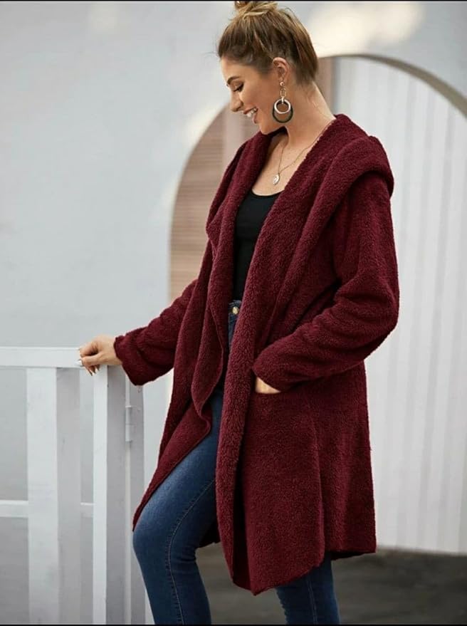 Solid Dual Pocket Open Front with Hood Teddy Coat / بالطو تيدي سادة بتصميم مفتوح من الأمام مع جيبين وغطاء للرأس