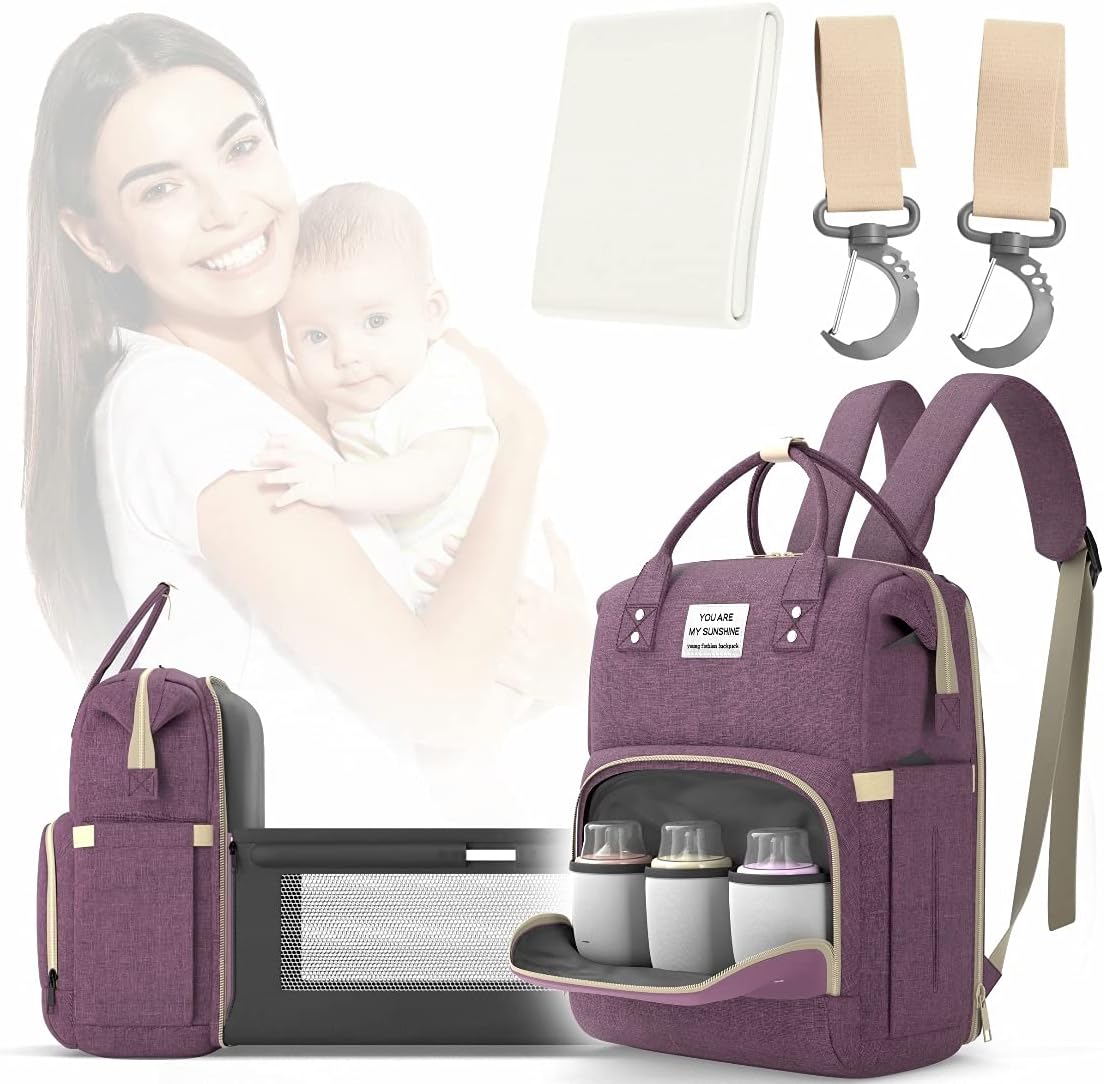 Multifunctional 3 in 1 Diaper Bag with Changing Station | Diaper Bag Backpack with Bassinet | Travel Baby Bed, Purple, / شنطة حفاضات متعددة الوظائف 3 في 1 مع مسند لتغيير الحفاضات ظهر للحفاضات سرير اطفال للسفر أرجواني من دوتش ون