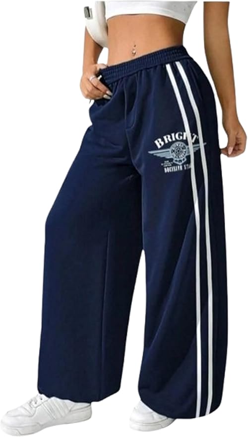 Mizah Elastic High Waist Wide Sweatpants with Side Stripe - Fashion Comfortable Everyday Wear and Sport Pants for Girls and Women / بنطلون رياضي واسع بخصر عالى مطاطي وخطوط جانبية - تصميم عصري مريح للمناسبات اليومية والرياضة للبنات والنساء من ميزة