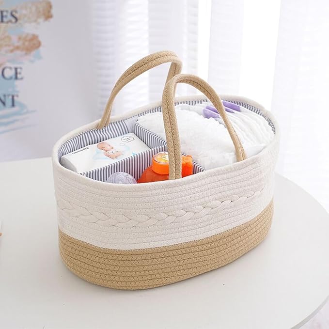 Uand Home Diaper Caddy Organizer - Cotton Rope Basket for Nursery Storage, Changing Table Bin (Brown) / سلة تنظيم حفاضات منزلية مصنوعة من الحبال القطنية لتخزين حفاضات ومناديل ومستلزمات الأطفال من يو اند هوم - (لون بني)