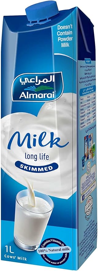 Almarai plain milk 1L Skimmed (Packaging may vary) / حليب سادة 1 لتر خالي الدسم من المراعي