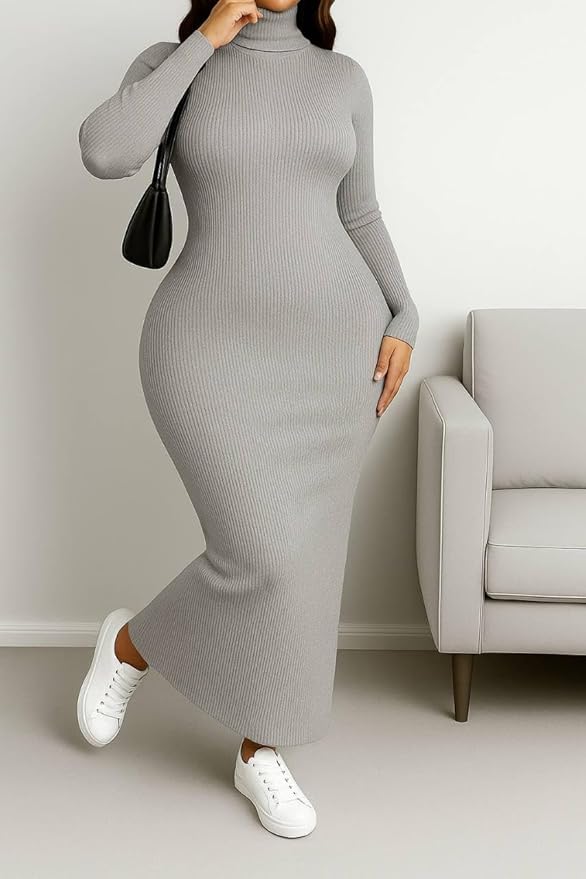 Miza Winter Knitted Long Dress High Neck, Multi Color, Elegant Long Basic One Size Stretch Dress for Girls and Women / ميزا فستان شتوي طويل محبوك، رقبة عالية، متعدد الألوان، تصميم بيزك طويل أنيق مقاس واحد مطاط للبنات والنساء
