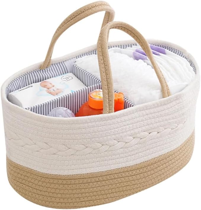 Uand Home Diaper Caddy Organizer - Cotton Rope Basket for Nursery Storage, Changing Table Bin (Brown) / سلة تنظيم حفاضات منزلية مصنوعة من الحبال القطنية لتخزين حفاضات ومناديل ومستلزمات الأطفال من يو اند هوم - (لون بني)