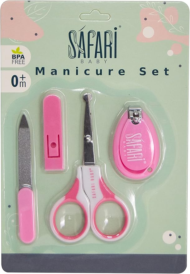 Safari baby nail care kit scissor, clippers and nail file pink 4 piece / مجموعة العناية باظافر الاطفال من سفاري مكونة مقص وقصافة ومبرد اظافر لون بينك 4 قطع، زهري، سافارى , عدد 1
