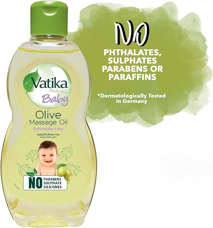 Vatika Naturals Baby Massage Oil (100mL) | Enriched With Olive Extracts | Gentle Nourishment for Baby | Dermatologically Tested and Proven | No Harsh Chemicals / زيت للجسم كامل من فاتيكا ناتشورالز بيبي مُغذي، مناسب لجميع أنواع البشرة، 100 مل