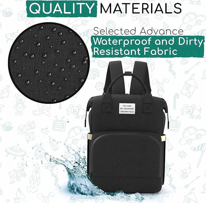 Multifunctional 3 in 1 Diaper Bag with Changing Station Black, / شنطة حفاضات متعددة الوظائف 3 في 1 مع مسند لتغيير الحفاضات، شنطة ظهر للحفاضات وسرير أطفال للسفر