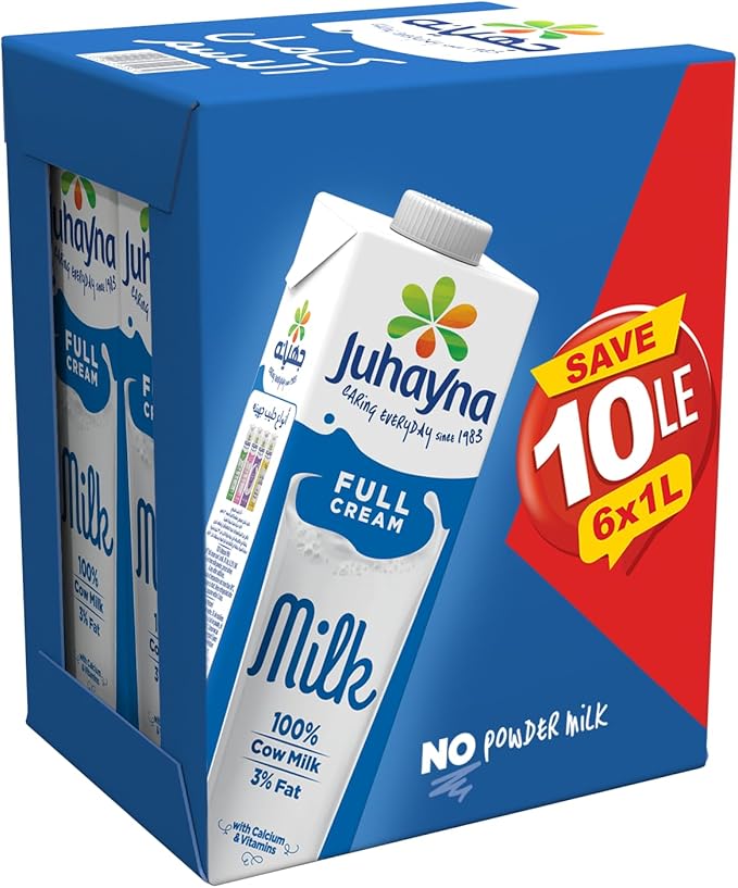 JUHAYNA Carton Full Cream Milk Multipack 1 L Ultra Edge - 6 Pack, Save 10 LE / حليب كرتون كامل الدسم من جهينة عبوة متعددة 1 لتر الترا ايدج - 6 عبوات، وفر 10 جنيه