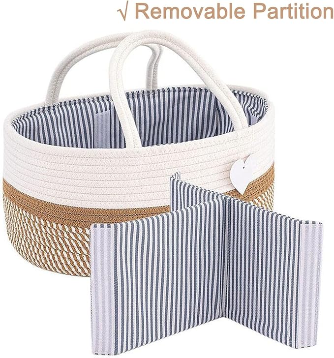 Rustic Brown Diaper Caddy Organizer, / منظم حفاضات من 3 أقسام من الحبال القطنية لمستلزمات الأطفال، لحديثي الولادة وعمر الحضانة من اندهووم، بني ريفي