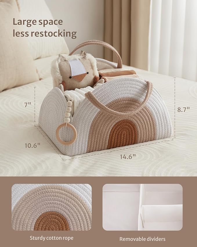 Blissful Diary Baby Diaper Caddy Organizer / منظم حفاضات أطفال من الحبال القطنية بتصميم سلة تخزين كبيرة للأولاد والبنات حديثي الولادة، هدية لقائمة حفلات استقبال المولود، مستلزمات حديثي الولادة، قوس قزح ترابي من بليسفول دايري