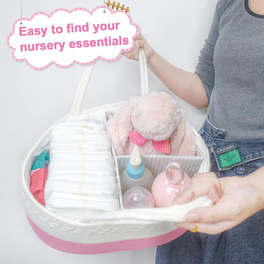 ABenkle Baby Diaper Caddy,  / حامل حفاضات الأطفال، منظم تخزين لغرفة الأطفال ومنظم للسيارة للحفاضات ومناديل الأطفال المبللة، سلة حفاضات من حبال قطنية، حامل طاولة تغيير حفاضات، سلة هدايا للأطفال من ابينكل، لون وردي فاتح