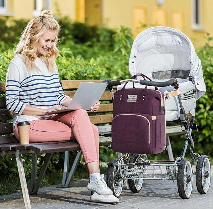 Multifunctional 3 in 1 Diaper Bag with Changing Station | Diaper Bag Backpack with Bassinet | Travel Baby Bed, Purple, / شنطة حفاضات متعددة الوظائف 3 في 1 مع مسند لتغيير الحفاضات ظهر للحفاضات سرير اطفال للسفر أرجواني من دوتش ون