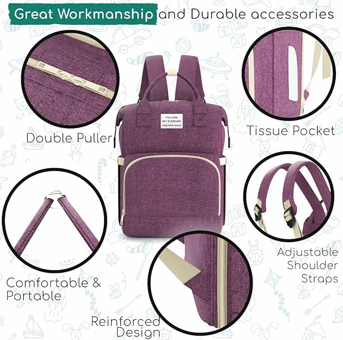 Multifunctional 3 in 1 Diaper Bag with Changing Station | Diaper Bag Backpack with Bassinet | Travel Baby Bed, Purple, / شنطة حفاضات متعددة الوظائف 3 في 1 مع مسند لتغيير الحفاضات ظهر للحفاضات سرير اطفال للسفر أرجواني من دوتش ون