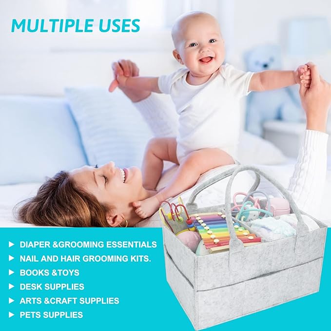 SKY-TOUCH Baby Diaper Caddy Organizer Tote Bag / شنطة تنظيم حفاضات الأطفال من سكاي-تاتش، شنطة يد كبيرة توت، سلة هدايا لحفلات استقبال المولود| صندوق تخزين لغرفة الأطفال لطاولة تغيير الحفاضات| منظم سفر محمول للسيارة