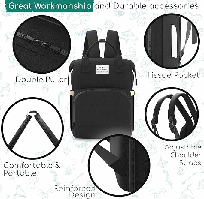 Multifunctional 3 in 1 Diaper Bag with Changing Station Black, / شنطة حفاضات متعددة الوظائف 3 في 1 مع مسند لتغيير الحفاضات، شنطة ظهر للحفاضات وسرير أطفال للسفر