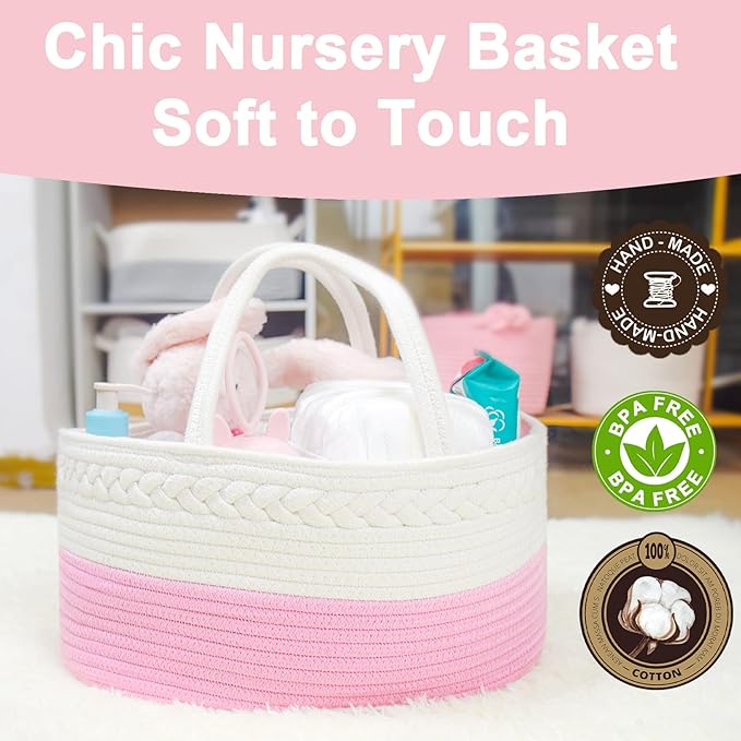 ABenkle Baby Diaper Caddy,  / حامل حفاضات الأطفال، منظم تخزين لغرفة الأطفال ومنظم للسيارة للحفاضات ومناديل الأطفال المبللة، سلة حفاضات من حبال قطنية، حامل طاولة تغيير حفاضات، سلة هدايا للأطفال من ابينكل، لون وردي فاتح