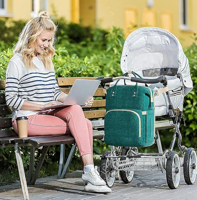 Multifunctional 3 in 1 Diaper Bag with Changing Station | Diaper Bag Backpack with Bassinet | Travel Baby Bed, Green, Large / شنطة حفاضات متعددة الوظائف 3 في 1 مع مسند لتغيير الحفاضات | ظهر للحفاضات سرير اطفال للسفر أخضر من دوتش ون
