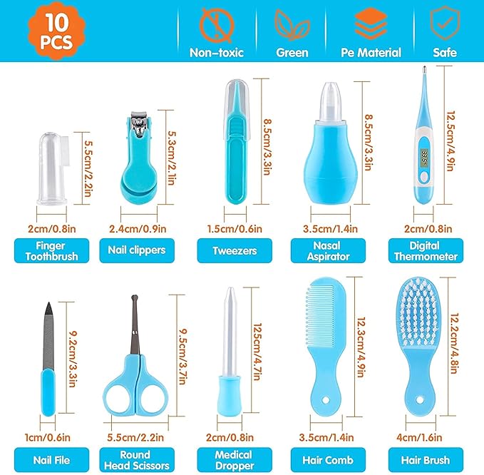 Bennort Baby Healthcare and Grooming Kit Care Keep Healthy and Clean -Infant Toddlers / مجموعة العناية الصحية والعناية بالأطفال 10 في 1 من بينورت فرشاة شعر للأطفال - قصافة أظافر - منظف الأنف - أسنان للإصبع - مقص متعدد الألوان